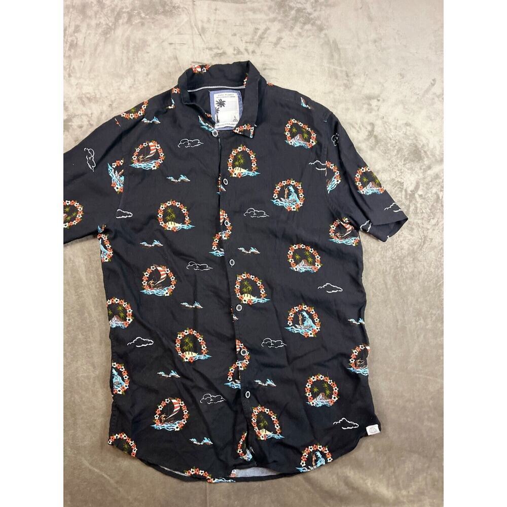 FREE PLANET Adult‎ Men's Large Black Floral Button Up Hawaiian Summer Beach